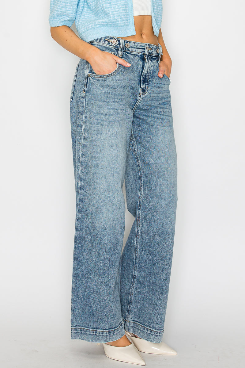 Adjustable Waistband High Rise Baggy Wide Jeans